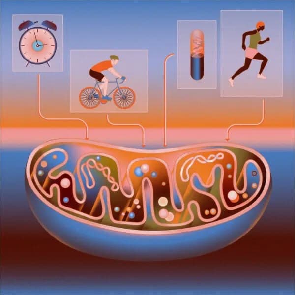 Illustration of a mitochondrion powered by daily activity — an alarm clock, cycling, a capsule and running